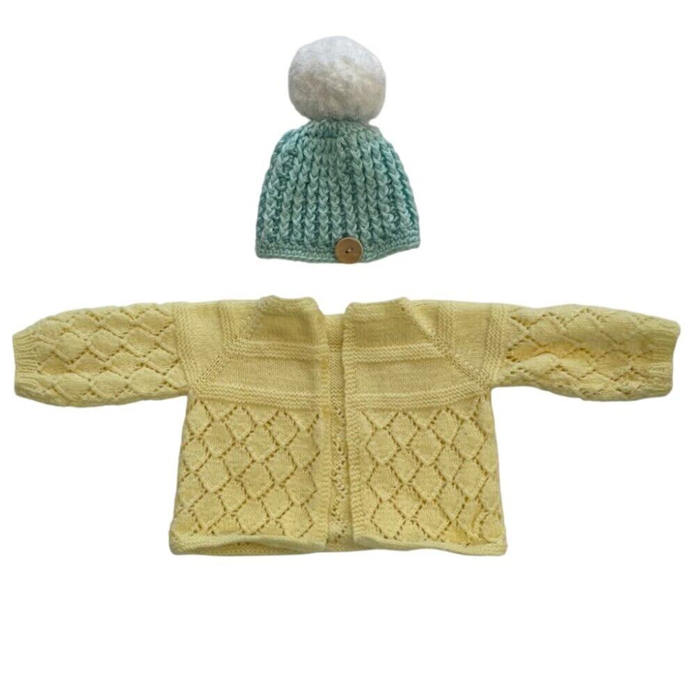 Baby Girl Handmade 2 Pc Crochet Butter Yellow Cardigan, Pastel Green Hat 3-6 mo